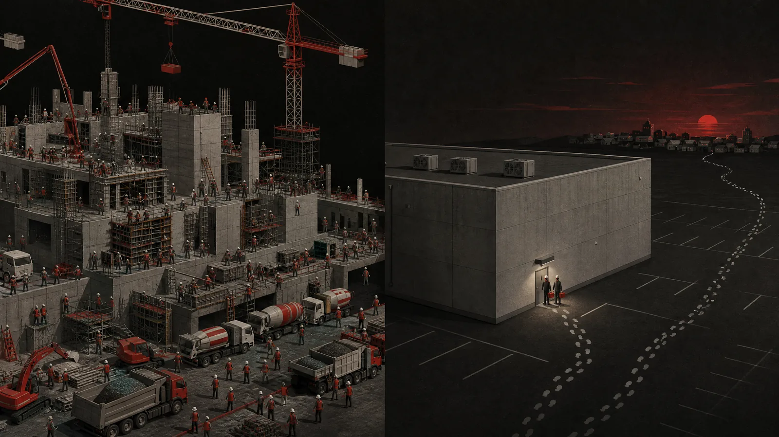 A data center employs 1,500 to build and 50 to run; the bustle is temporary, the lasting wage stream thin